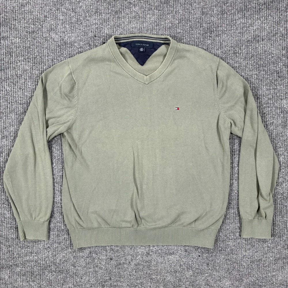 Tommy Hilfiger Mens V Neck Sweater Size Large Olive Green‎ Knit Pullover